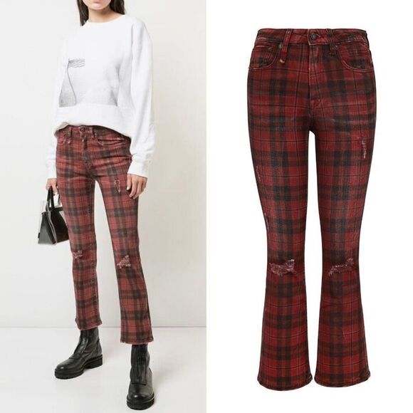 R13 Jeans Red Kick Flare Distressed Plaid Jeans Size 25
